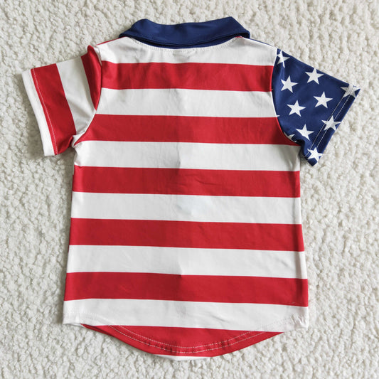 B17-19 4th of July Blue Starts Red Stripes Short Sleeve Top Boys Collar Shirts