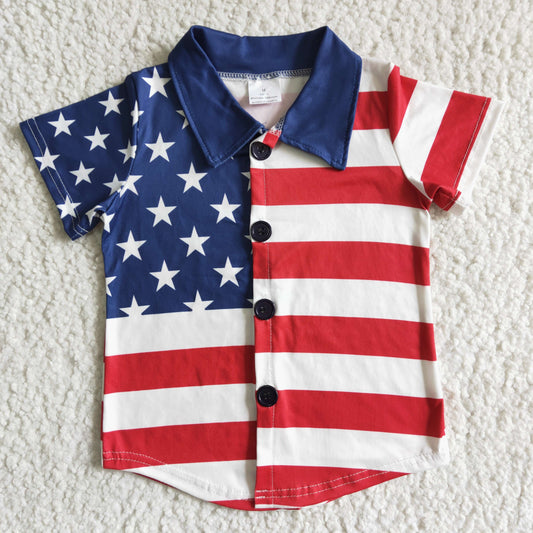 B17-19 4th of July Blue Starts Red Stripes Short Sleeve Top Boys Collar Shirts