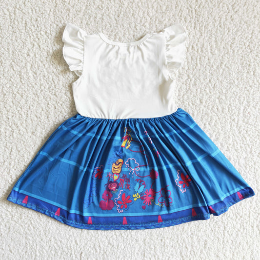 Clearance C4-30 Blue Floral En Cartoon Girls Flutter Sleeve Dresses