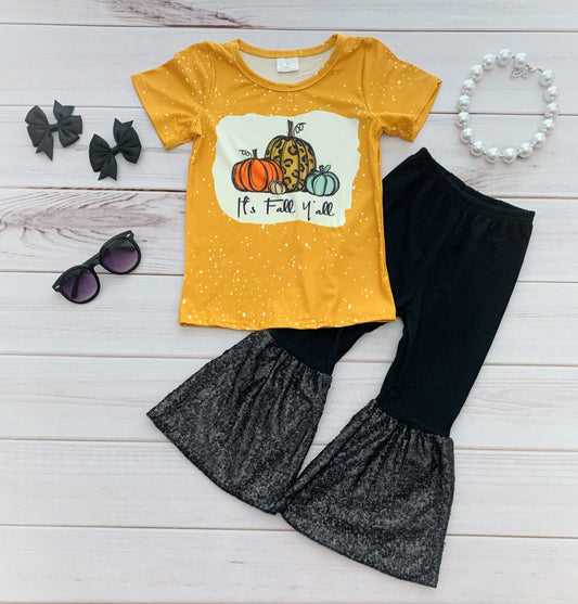 A2-12 It's Fall Y'all Halloween Pumpkin Black Sequin Girls Short Sleeve Pants Outfits