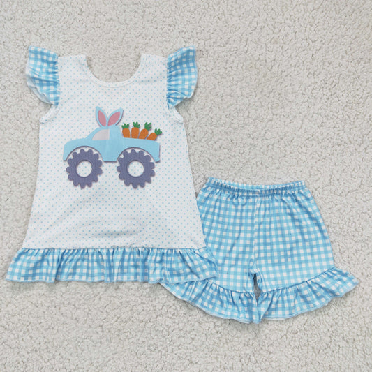 GSSO0127 Easter Blue Plaid Car Truck Trackor Carrot Rabbit Ruffles Girls Short Sleeve Shorts Outfits