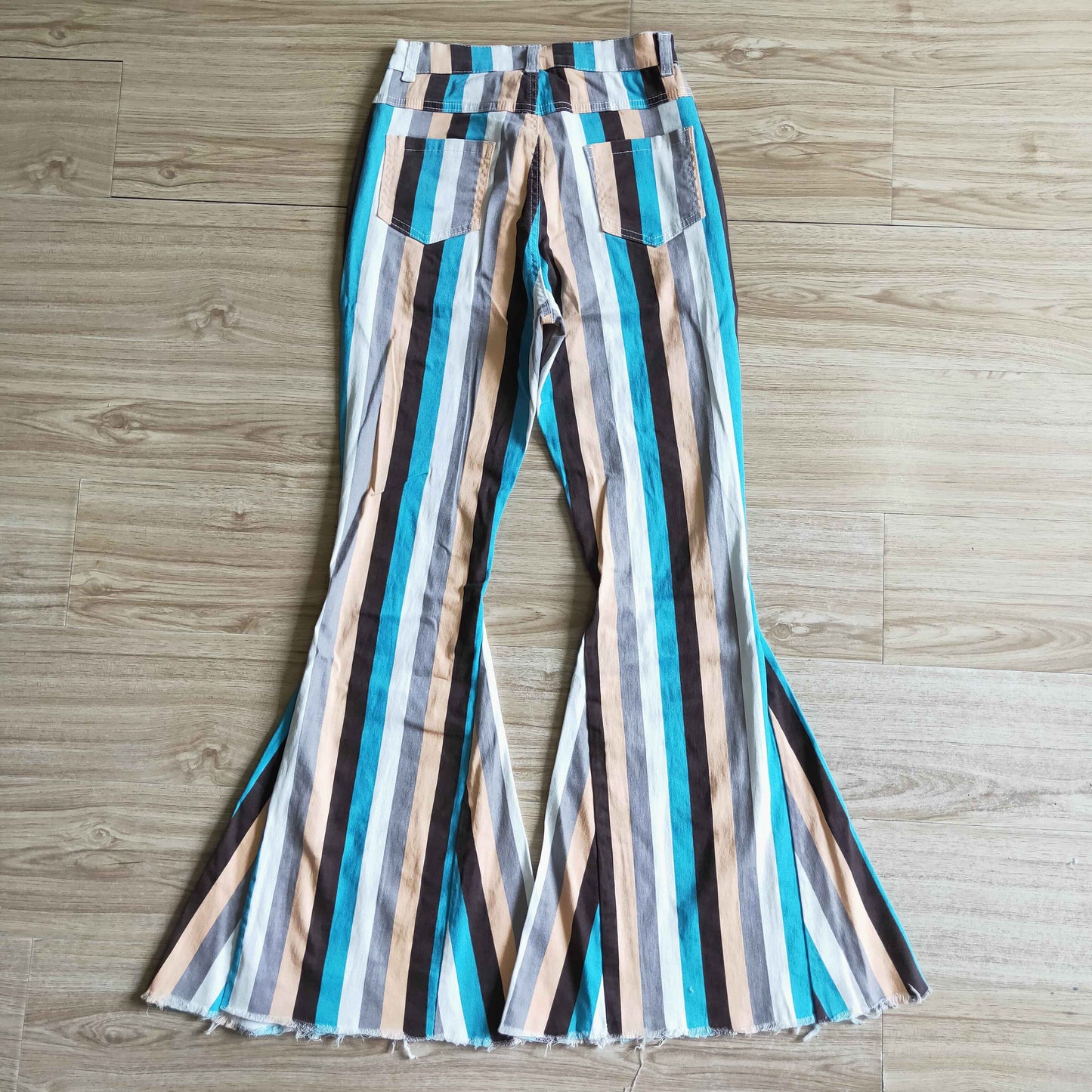 P0009 Adult Blue White Orange Grey Striped Girls Bell Pants Denim Jeans