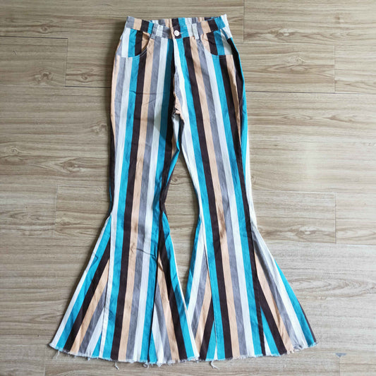 P0009 Adult Blue White Orange Grey Striped Girls Bell Pants Denim Jeans