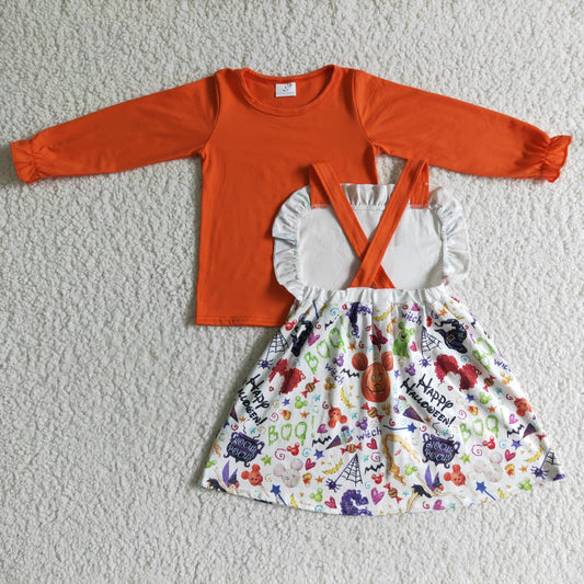 GLD0033 Halloween Orange Pumpkin Mouse Cartoon Girls Long Sleeve Top With Skirt Overall Dresses Outfits