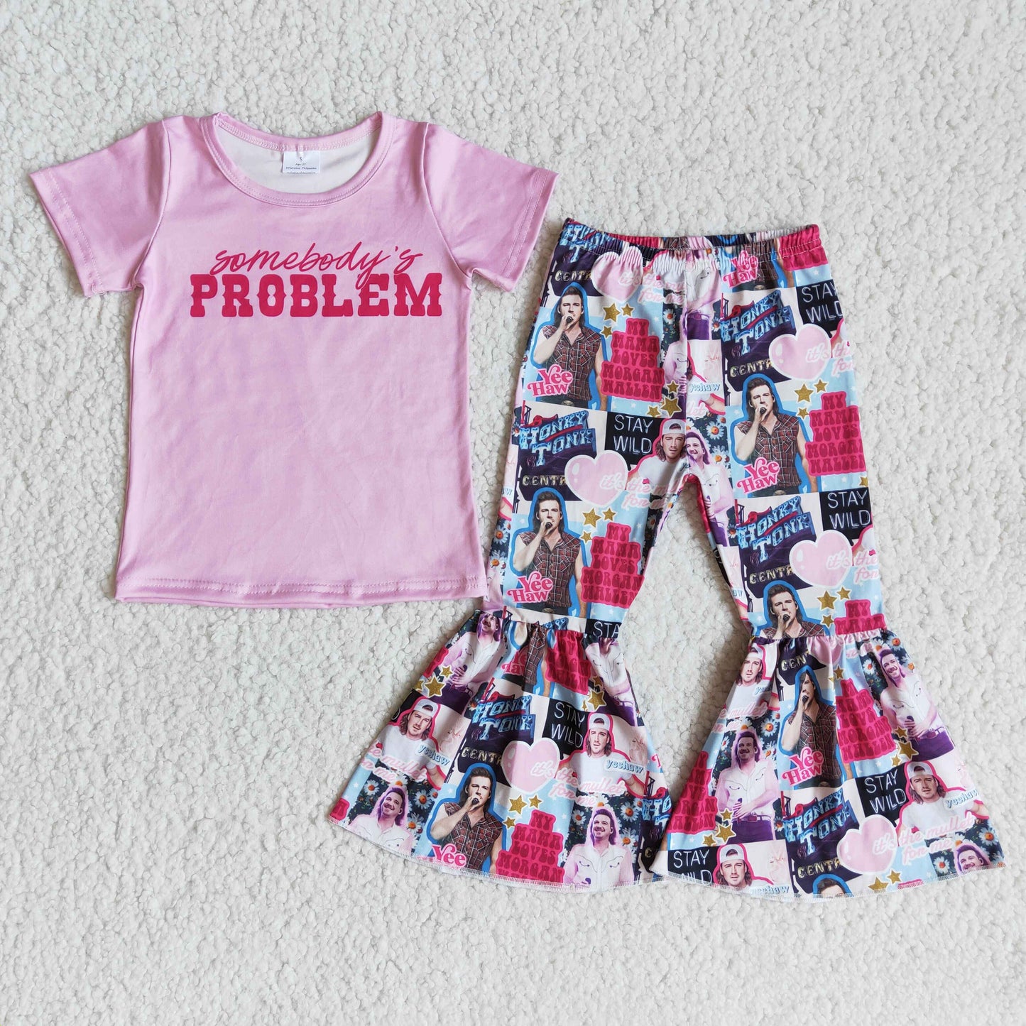 E8-4 Somebaby's Problem Pink With Bow Headband 3pcs Girls Short Sleeve Bell Bottom Pants Outfits