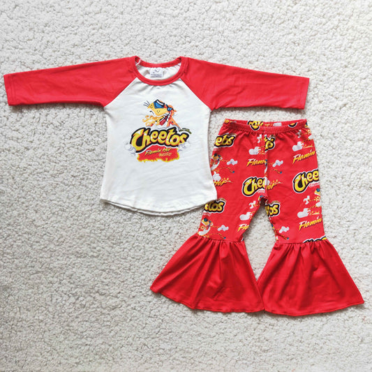 Clearance 6 A1-12 Red Yellow FootBall Team Girls Long Sleeve Bell Bottom Pants Outfits