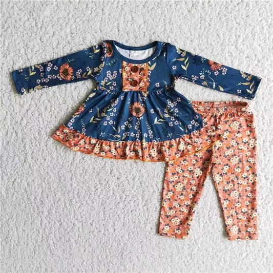 Clearance 6 B4-22 Blue Red Floral Print Ruffles Tunic Girls Long Sleeve Pants Outfits