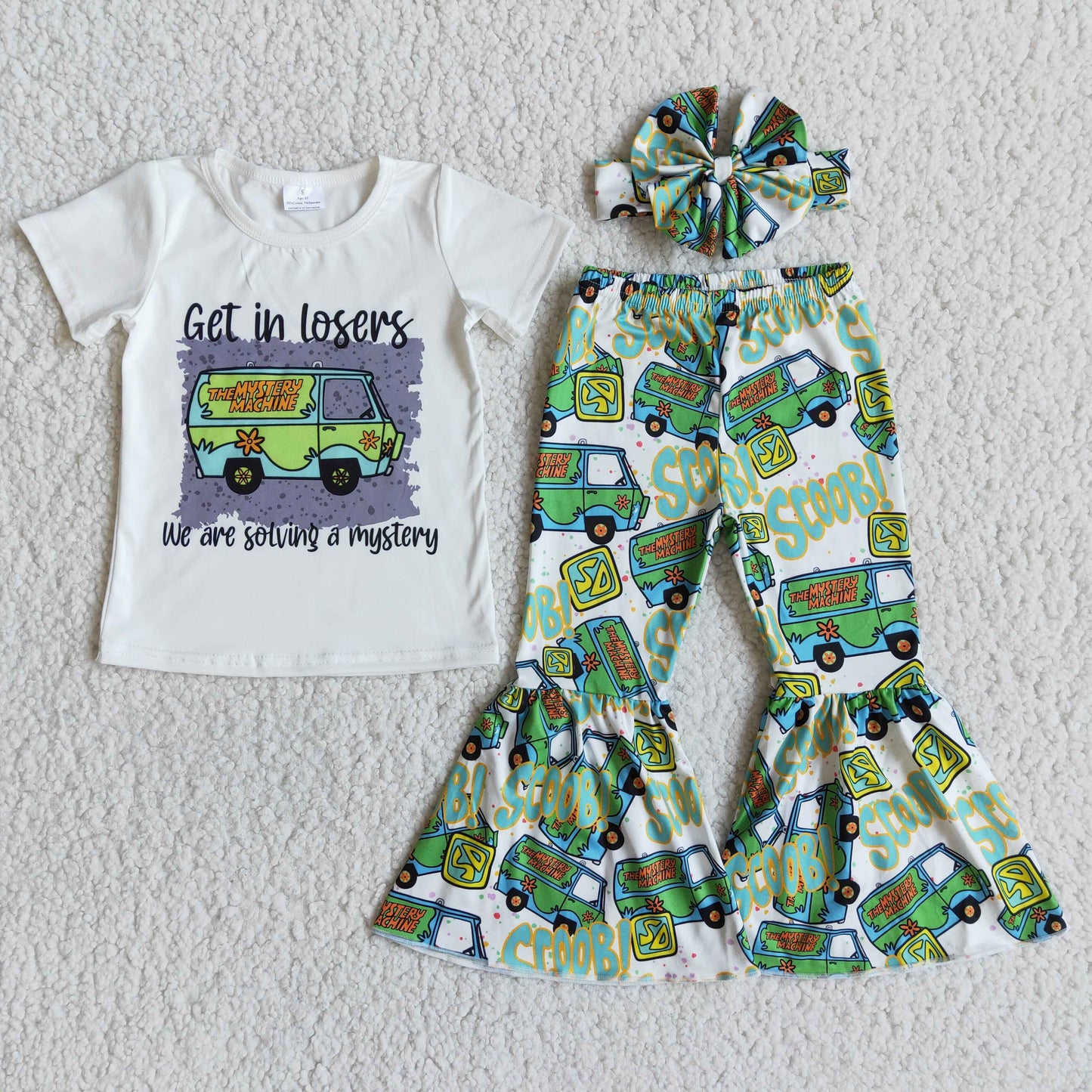 E8-2 Green Bus Dog Cartoon With Bow Headband 3pcs Girls Short Sleeve Bell Bottom Pants Outfits