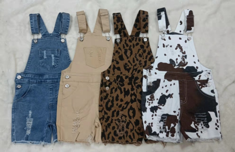 SS0019 Brown Cow Print Distress Overalls Denim Jeans