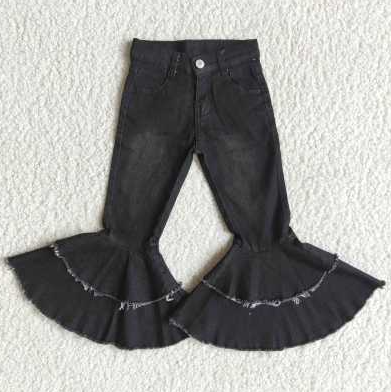 E5-26 Black Girls Double Ruffles Denim Jeans