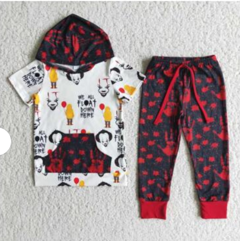 Clearance E2-18 Halloween Red Black Clown We All Float Down Here Pocket Boys Short Sleeve Hoodies Outfits