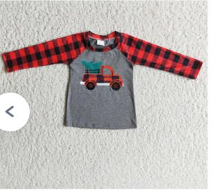 6 A33-2 Merry Christmas Tree Car Red Plaid Boys Long Sleeve Top T-shirts