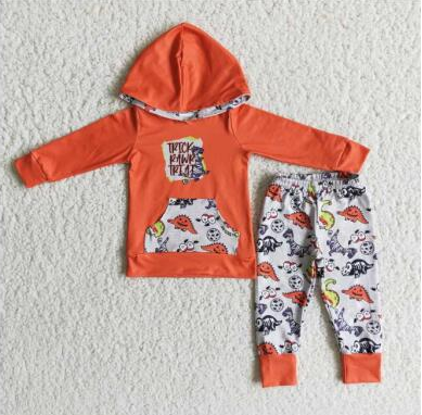 Clearance 6 B9-4 Halloween Trick Dinosaur Orange Cartoon Pockets Boys Long Sleeve Hoodies Outfits