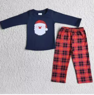 Clearance 6 B3-37 Christmas Santa Red Blue Plaid Embroidery Boys Long Sleeve Pants Outfits