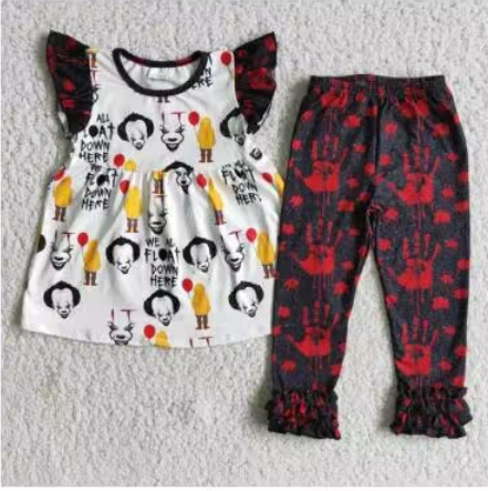 Clearance E4-14 Halloween Clown Red Black Girls Short Sleeve Pants Outfits