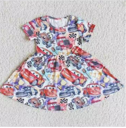 Clearance D3-2 Red Blue Car Cartoon  Girls Short Sleeve Dresses