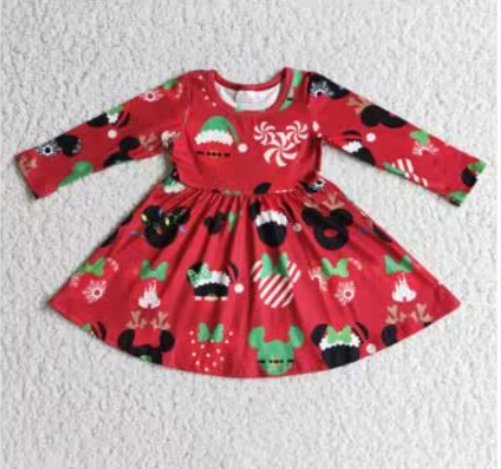 6 A11-4 Christmas Red Green M Cartoon Girls Long Sleeve Dresses