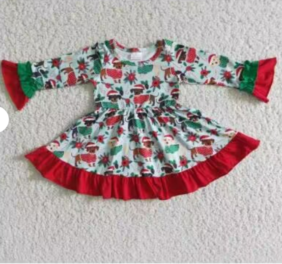 Clearance 6 A6-17 Christmas Red Green Dog Cartoon Girls Long Sleeve Dresses