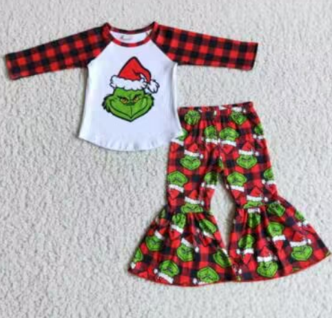 6 A18-30 Christmas Red Green Cartoon Santa Plaid Girls Long Sleeve Bell Bottom Pants Outfits