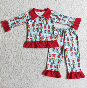 6 B3-24 Christmas Green Cartoon Red Blue Print Collar Girls Long Sleeve Pants Outfits Pajamas