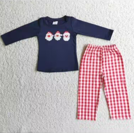 Clearance 6 A6-27 Christmas Santa Red Blue Plaid Embroidery Boys Long Sleeve Pants Outfits