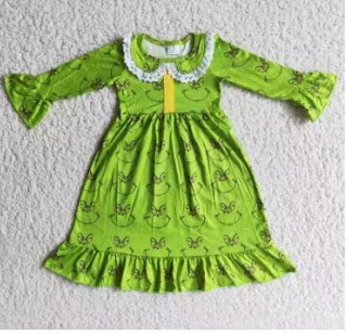 6 A14-30  Christmas Green Cartoon Lace Collar Girls Long Sleeve Dresses