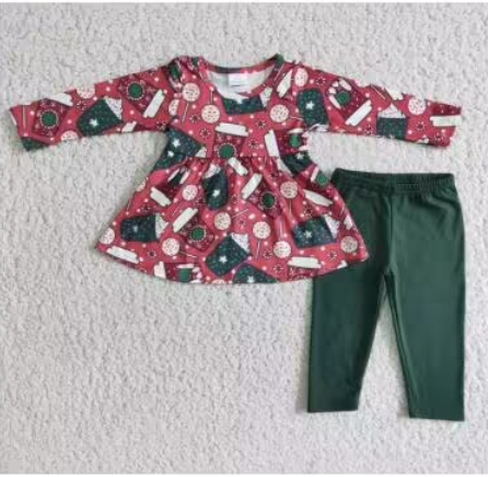 Clearance 6 A18-29 Christmas Green Red Cartoon Coffee Cup Tunic Girls Long Sleeve Pants Outfits