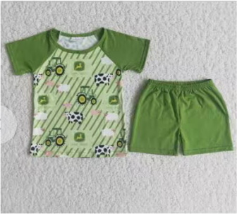 C13-17 Green Sheep Farm Cow Truck Boys Short Sleeve Shorts Outfits