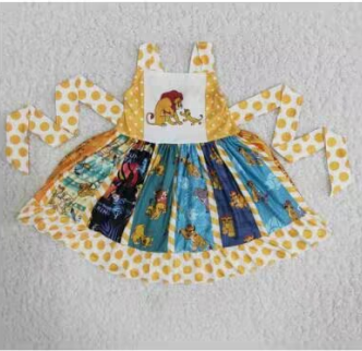 Clearance B13-10 Lion Cartoo Yellow Dot Girls Belt Patchwork Long Sleeve Dresses