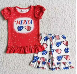 D9-17  4th Of July Red Blue Bleach Flag Glasses Girls Short Sleeve Shorts Outfits