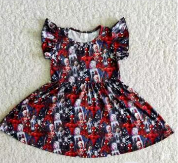 B11-7 Red Black Spider Hero Cartoon Girls Short Sleeve Dresses