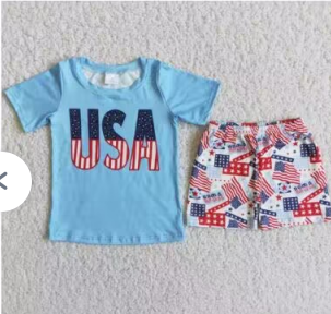 D11-19  4th Of July Blue Red Usa Boys Short Sleeve Shorts Outfits