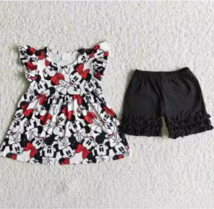 D12-1 Black Red M Cartoon Girls Short Sleeve Shorts Outfits