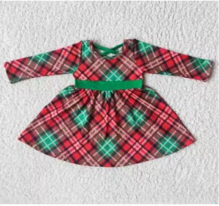 Clearance 6 A8-19 Christmas Green Red Plaid  Girls Long Sleeve Dresses