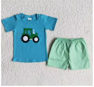 A7-15 Blue Truck Car Green Plaid Embroidery Boys Short Sleeve Shorts Outfits