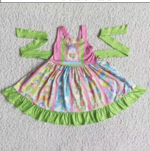 Clearance A16-13 Easter Rabbit Green Pink Belt Patchwork Girls Short Sleeve Dresses