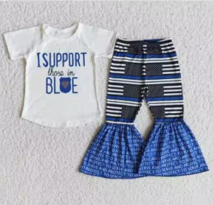 Clearance B14-23 4th Of July Support Blue Police Girls Short Sleeve Bell Bottom Pants Outfits