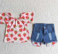 D8-29 Red Strawberry Pink Blue Denim Jeans Girls Short Sleeve Shorts Outfits