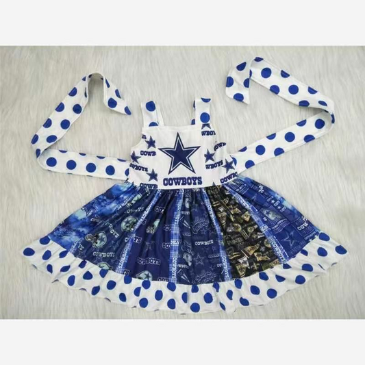 A12-21 Blue Cowboys Team Dots Girls Belt Patchwork Sleeveless Dresses