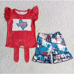 C0-1 4th Of July Red Blue  Girls Flutter Sleeve Shorts Outfits