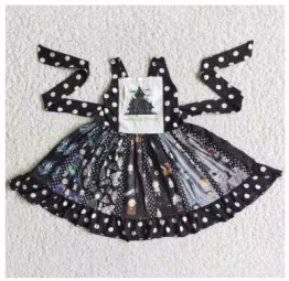 A7-13 Castle Black Cartoon Girls Belt Patchwork Sleeveless Dresses