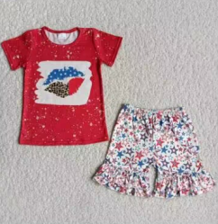 B18-15 4th Of July Red Blue Mouth Star Girls Short Sleeve Shorts Outfits