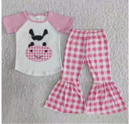 Clearance B9-11 Cow Pink Plaid Girls Flutter Sleeve Bell Bottom Pants Outfits