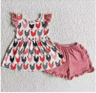 A3-22 Red Black Chicken Plaid Girls Short Sleeve Shorts Outfits