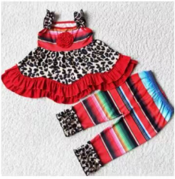 Clearance D3-18 Red Leopard Stripes Tunic Patchwork  Girls Short Sleeve Bell Bottom Pants Outfits