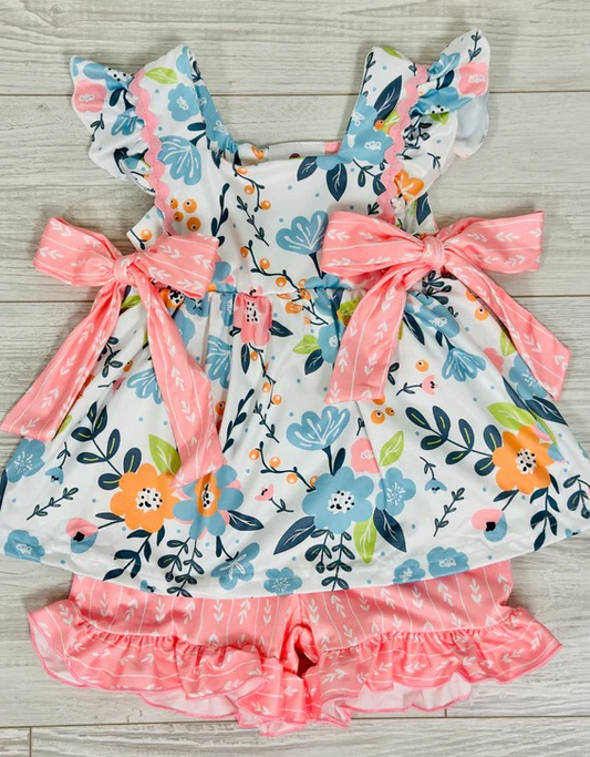 GSSO0241  Pink Blue Floral Girls Short Sleeve Shorts Outfits