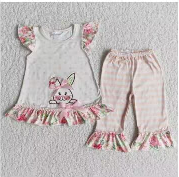 E6-18 Easter Pink Rabbits Embroidery Girls Flutter Sleeve Pants Outfits