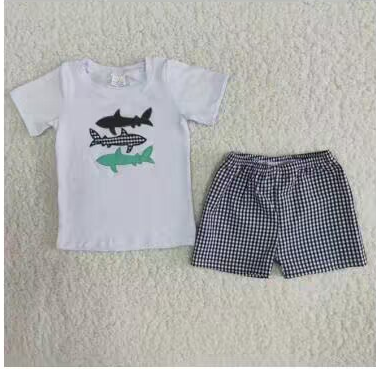 A8-23 Fish Black Green Plaid Embroidery Boys Short Sleeve Shorts Outfits