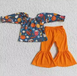 Clearance 6 A2-29 Halloween Pumpkin Orange Floral Tunic Girls Long Sleeve Pants Outfits