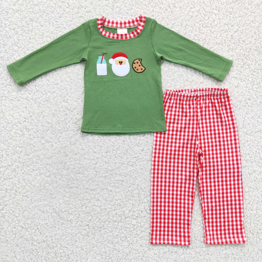 BLP0147  Christmas Milk Santa Cake Cookies Green Red Plaid Embroidery Boys Long Sleeve Pants Outfits